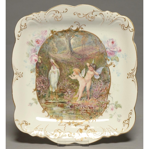 227 - AN OUTSIDE DECORATED ALFRED MEAKIN LTD.  SHAPED SQUARE EARTHERNWARE DESSERT DISH, C1900, PAINTED IN ... 