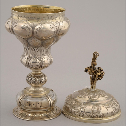 190 - A GERMAN SILVER GILT PINEAPPLE GAMING CUP AND COVER, LATE 19TH C IN 16TH C STYLE, ON GLASS MOUNTED F... 