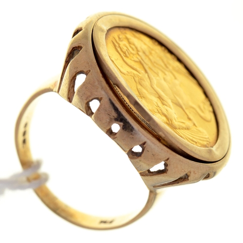 21 - GOLD COIN. HALF SOVEREIGN 1906, MOUNTED IN A 9CT GOLD RING, BIRMINGHAM 1976, 8.3G, SIZE L&frac12;