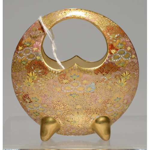 285 - A JAPANESE SATSUMA MOON BASKET, MEIJI PERIOD, WITH MILLEFLEURS DECORATION, ON FOUR POINTED GILT FEET... 