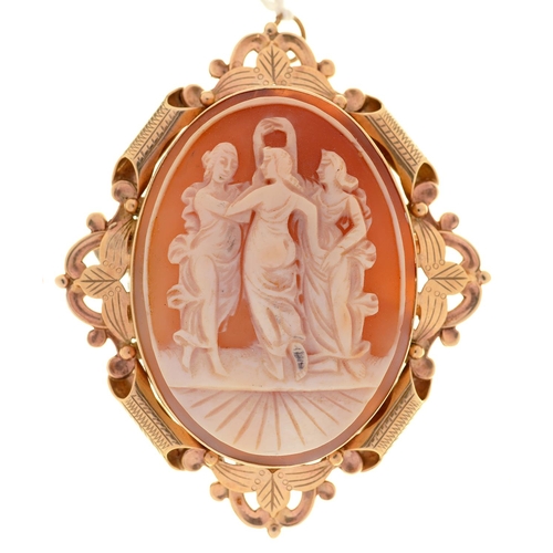 68 - A CAMEO BROOCH, THE OVAL SHELL CARVED WITH THE THREE GRACES, THE VICTORIAN STYLE 9CT GOLD MOUNT 70MM... 