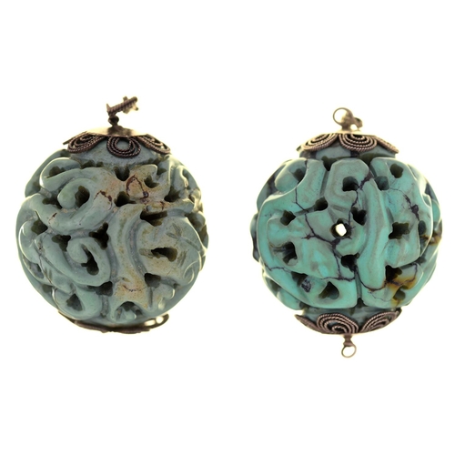 73 - A PAIR OF SOUTH EAST ASIAN CARVED AND PIERCED TURQUOISE AND SILVER FILIGREE BALL EARRING, 55MM DIAM,... 
