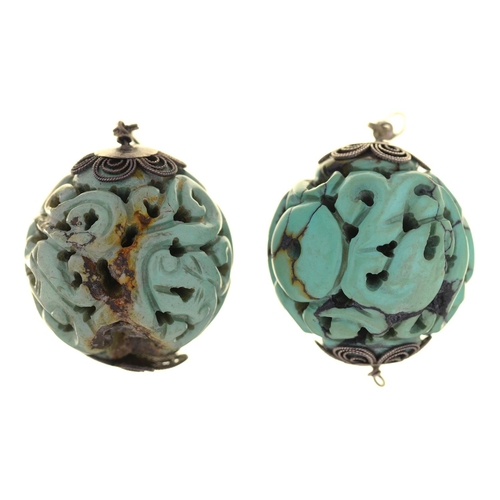 73 - A PAIR OF SOUTH EAST ASIAN CARVED AND PIERCED TURQUOISE AND SILVER FILIGREE BALL EARRING, 55MM DIAM,... 
