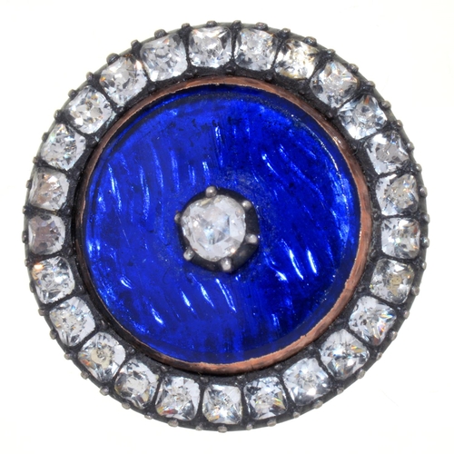76 - A VICTORIAN DIAMOND, GOLD, SILVER AND BLUE GUILLOCHE ENAMEL AND PASTE BROOCH, THE CENTRAL DIAMOND ON... 