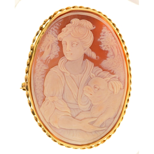 87 - A CAMEO BROOCH, CARVED WITH A LADY AND DOG, MOUNTED IN GOLD, 62MM, UNMARKED