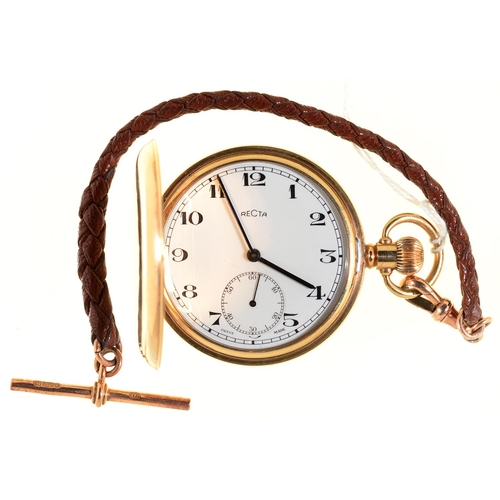 94 - A RECTA 9CT GOLD HUNTING CASED KEYLESS LEVER WATCH, WITH GOLD CUVETTE, 50MM, BIRMINGHAM 1952, ON LEA... 