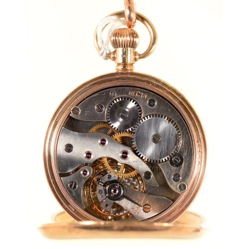 94 - A RECTA 9CT GOLD HUNTING CASED KEYLESS LEVER WATCH, WITH GOLD CUVETTE, 50MM, BIRMINGHAM 1952, ON LEA... 