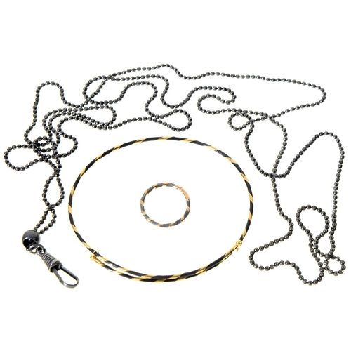 96 - A GOLD AND FIBRE RING AND BANGLE AND A STEEL BALL GUARD CHAIN, EARLY 20TH C, RING SIZE P (3)