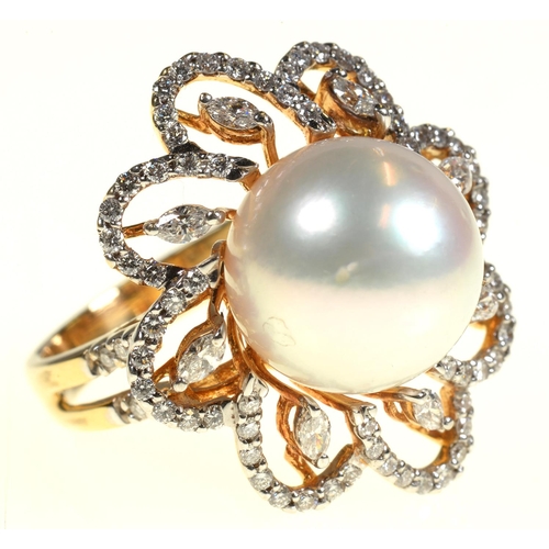 102 - A DIAMOND AND CULTURED PEARL RING AND PAIR OF SIMILAR EARRINGS, THE RING WITH 12MM CULTURED PEARL IN... 