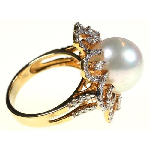 102 - A DIAMOND AND CULTURED PEARL RING AND PAIR OF SIMILAR EARRINGS, THE RING WITH 12MM CULTURED PEARL IN... 