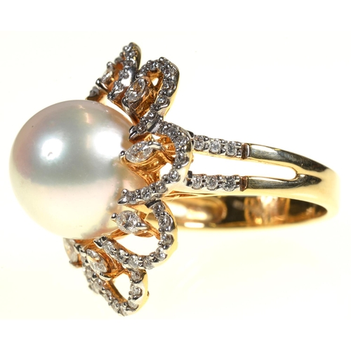 102 - A DIAMOND AND CULTURED PEARL RING AND PAIR OF SIMILAR EARRINGS, THE RING WITH 12MM CULTURED PEARL IN... 