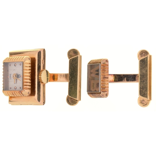 109 - A PAIR OF UNUSUAL FRENCH MID CENTURY GOLD CUFFLINKS, C1950,  ONE INCORPORATING A UTI WATCH , WATCH 1... 