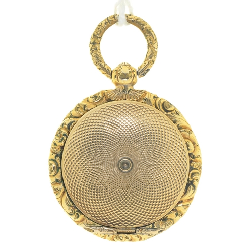 67 - A GOLD VINAIGRETTE, C1840 OF WATCH CASE FORM, THE GRILLE ENGRAVED AS A FLOWER IN A POT FLANKED BY FO... 