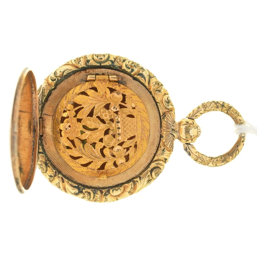 67 - A GOLD VINAIGRETTE, C1840 OF WATCH CASE FORM, THE GRILLE ENGRAVED AS A FLOWER IN A POT FLANKED BY FO... 