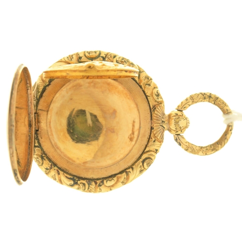 67 - A GOLD VINAIGRETTE, C1840 OF WATCH CASE FORM, THE GRILLE ENGRAVED AS A FLOWER IN A POT FLANKED BY FO... 