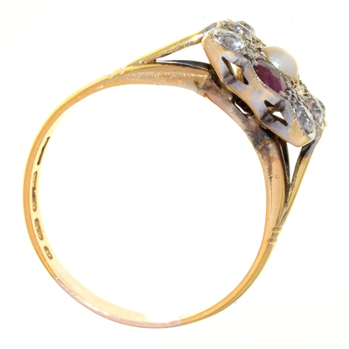 55 - A VICTORIAN RUBY, SAPPHIRE, PEARL AND DIAMOND RING, MILLEGRAIN SET, 18CT GOLD BAND, BIRMINGHAM 1898,... 