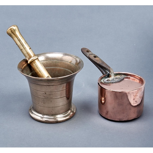 1189 - A Victorian copper saucepan and lid, a Victorian brass bottle jack and a lead bronze mortar and pest... 