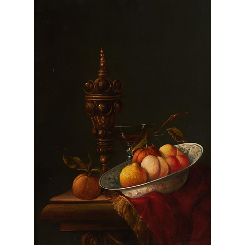 1241 - 20th c School - Still Life with Fruit, a Silver Gilt Cup and Wanli Bowl on a Ledge, signed V R Knapp... 