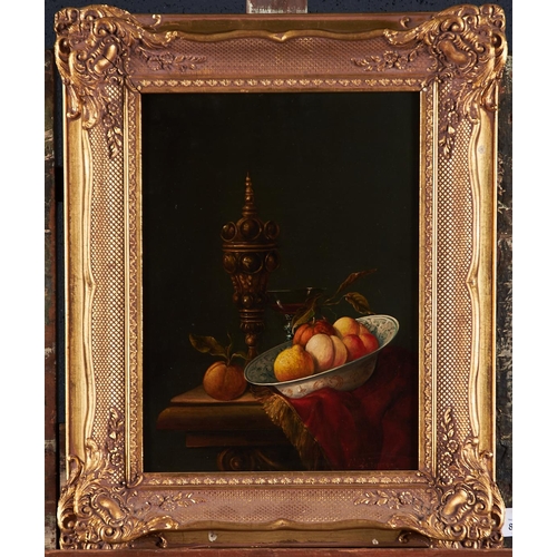 1241 - 20th c School - Still Life with Fruit, a Silver Gilt Cup and Wanli Bowl on a Ledge, signed V R Knapp... 