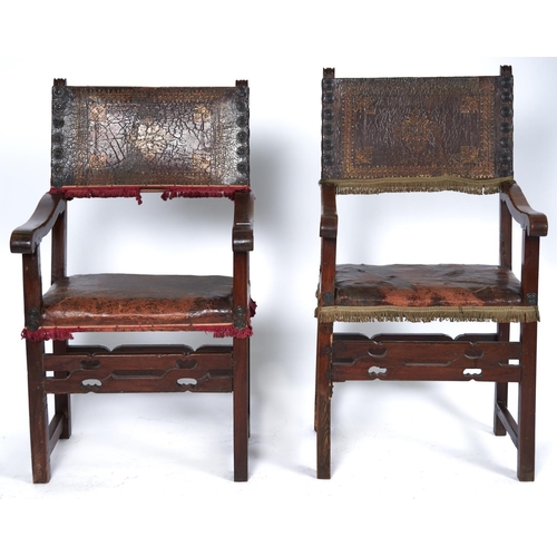 1546 - Six Spanish and North Italian walnut armchairs, late 17th c and later, with padded crimson velvet or... 