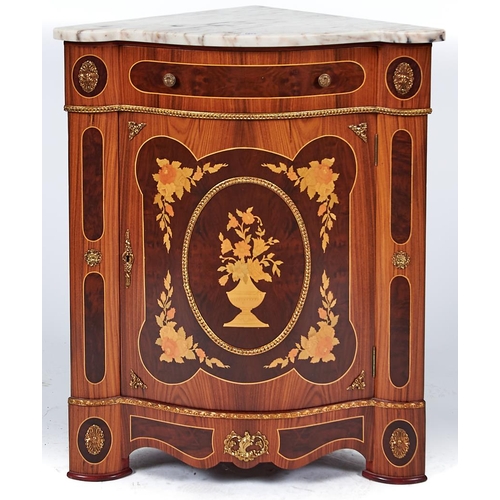 1553 - A marquetry encoigneur, 20th c, in Louis XV style, with marble slab and giltmetal mounts, 90cm h; 47... 