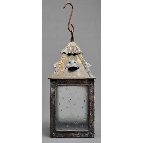 1041 - An oxidised brass vestibule lantern, 20th c, with frosted lights, 32cm h