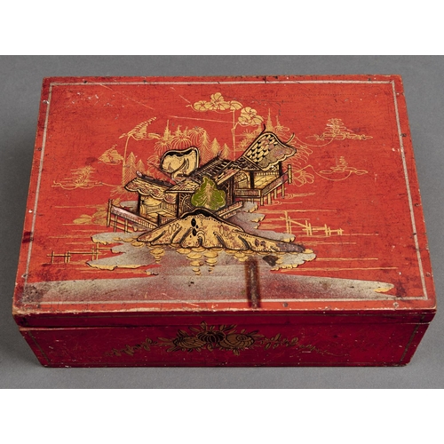 1044 - A late 19th red painted and japanned wood box, with hinged lid, 10cm h; 27.5cm w x 20cm... 