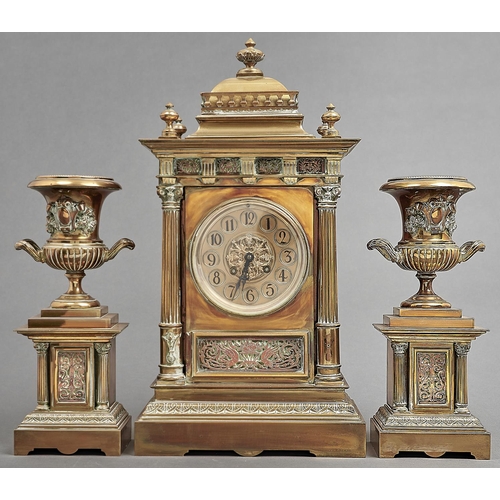 1052 - A French brass garniture de cheminee, c1880, gong striking movement, pendulum, clock 47cm h... 