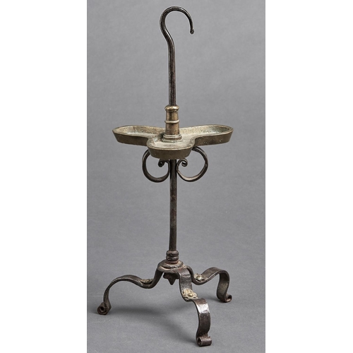 1056 - A brass and wrought iron adjustable oil lamp or porte chaleil, France or Switzerland, 17th/early 18t... 