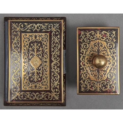 1057 - A Victorian brass mounted Boulle book shaped note pad and a similar rocking blotter, both late 19th ... 