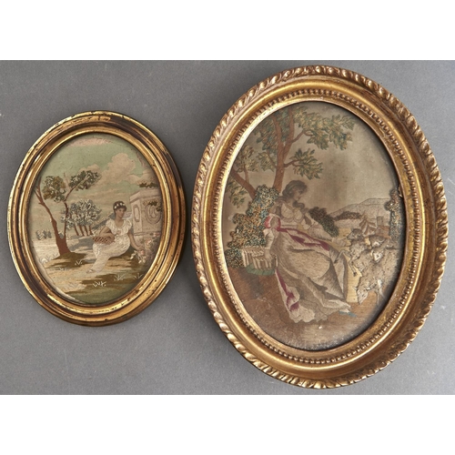 1110 - Two Regency oval silk embroidered pictures of a shepherdess and a woman seated at an altar,  both c1... 