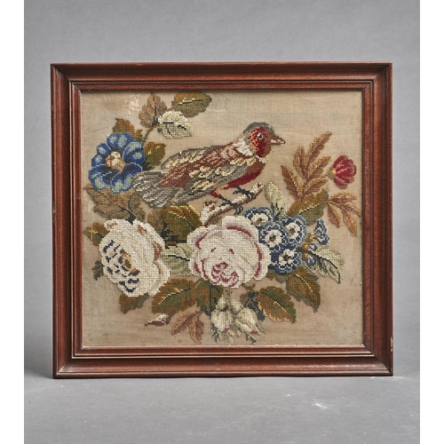 1116 - An early 20th c woolwork picture of a bird and flowers in a contemporary oak frame, 56 x 52cm, pewte... 