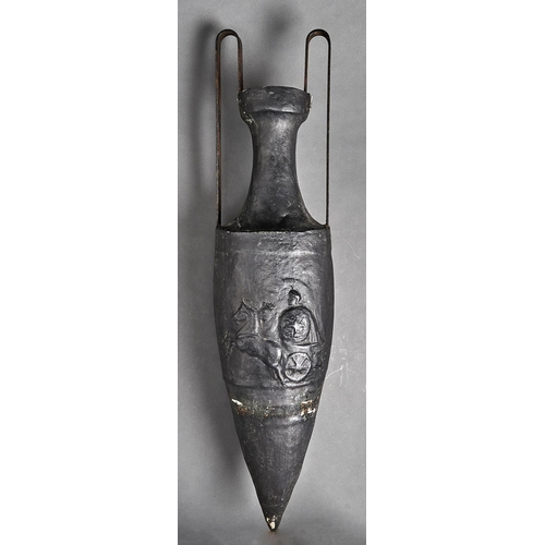 1130 - A black painted papier mache replica of a classical amphora, early 20th c, steel handles, 94mm h... 