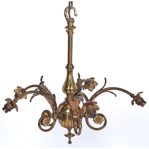 1140 - A brass chandelier, early 20th c, of five lights, the baluster and globe shaft with six arched  bran... 