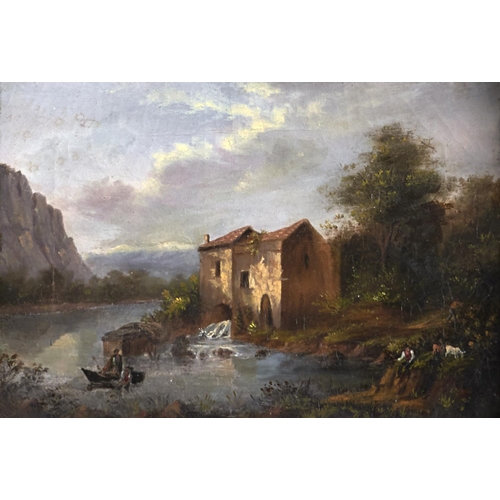 1248 - British School, 19th c - Figures by a Watermill, oil on canvas, 22.5 x 32.5cm