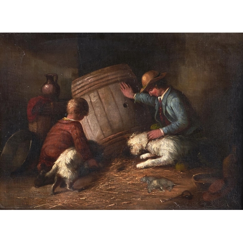 1257 - Circle of George Armfield - Two Boys with Terriers Ratting in a Barn, oil on canvas, 39 x 54.5cm... 