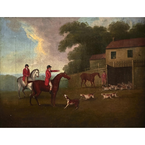 1270 - British Equestrian School, 19th c - Fox Hunters releasing the Pack, oil on canvas, 26 x 34.5cm... 