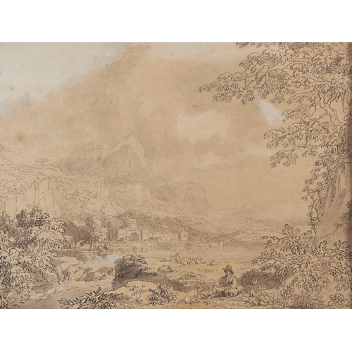 1297 - Anthony Devis (1729-1817) - A Seated Peasant and Dog in a Romantic Landscape, signed, pen, ink and w... 