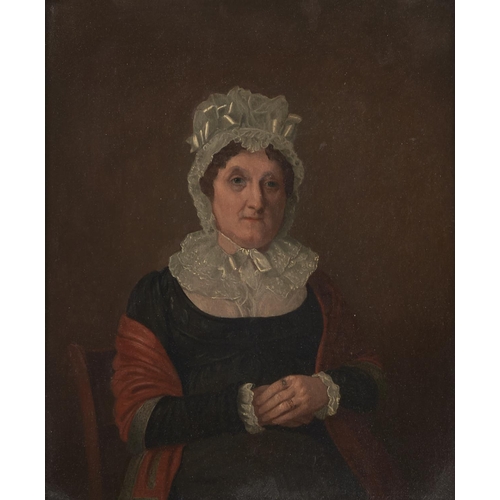 1308 - British School, 19th c - Portrait of a Lady,  seated half length in a black dress and lace cap, oil ... 