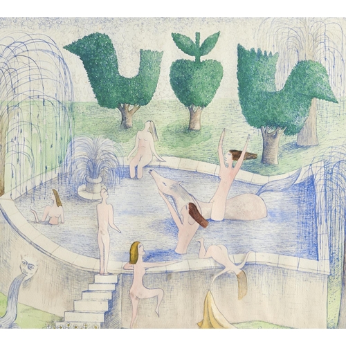 1338 - Paul White (20th / 21st c) - Bathers and Topiary, signed and dated '87, pen, blue ink and watercolou... 