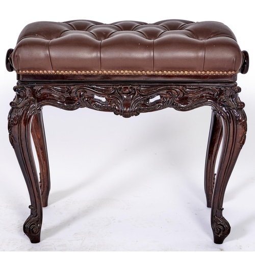 1478 - A George III style carved wood piano stool, covered in brown button back leather, 53cm h; 56 x 35cm... 