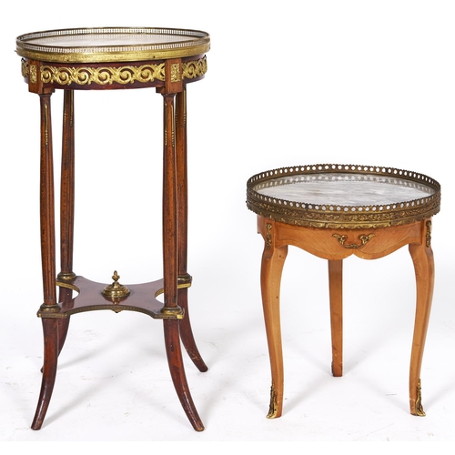 1504 - Two French graduated giltmetal mounted mahogany torcheres, late 20th c, with marble top, 48 and 78cm... 