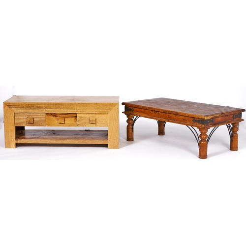 1513 - A modernist hardwood coffee table, fitted with three drawers, 45cm h; 111 x 51cm and a contemporary ... 