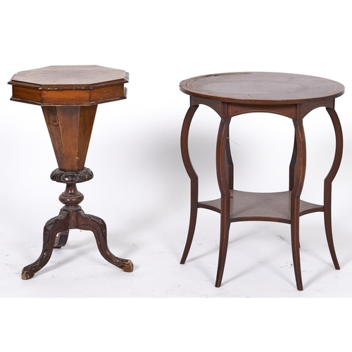 1529 - A Victorian burr walnut veneered trumpet shaped work table, c1870, the octagonal top above tapered c... 