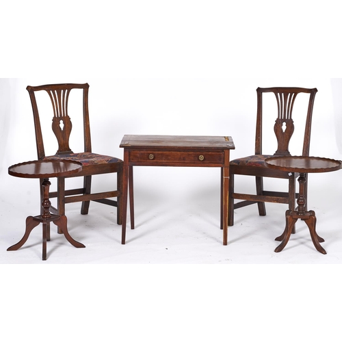 1530 - A Victorian inlaid mahogany side table, 63cm h; 71cm w, a contemporary pair of oak dining chairs wit... 