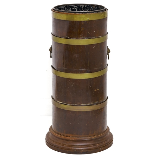 1578 - A brass bound cylindrical mahogany stick stand, early 20th c, detachable painted zinc liner, 61cm h... 