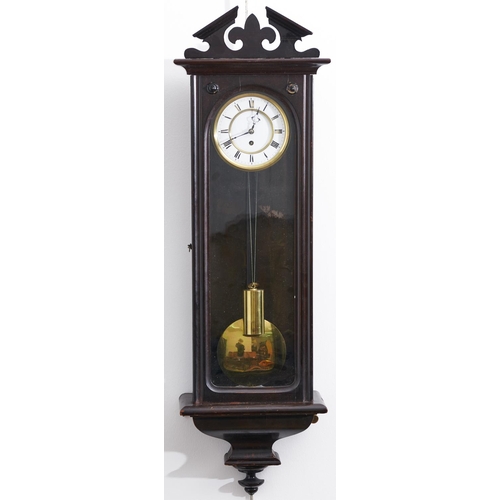 1587 - A Continental mahogany-stained beech wall clock, the broken architectural pediment centred of a fleu... 