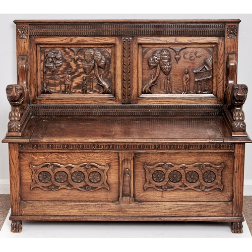 1595 - A reproduction oak monk's bench, c1950, the twin panelled back naively carved with figures, trees an... 