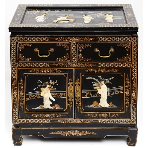 1600 - A Chinese lacquer cabinet, 20th c, the top, sides and doors applied with carved and polychrome bone ... 