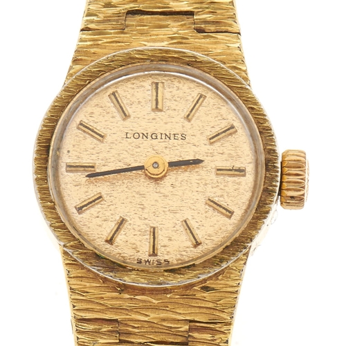 271 - A Longines gold plated lady's wristwatch, with textured tapered bracelet, stainless steel back, box ... 